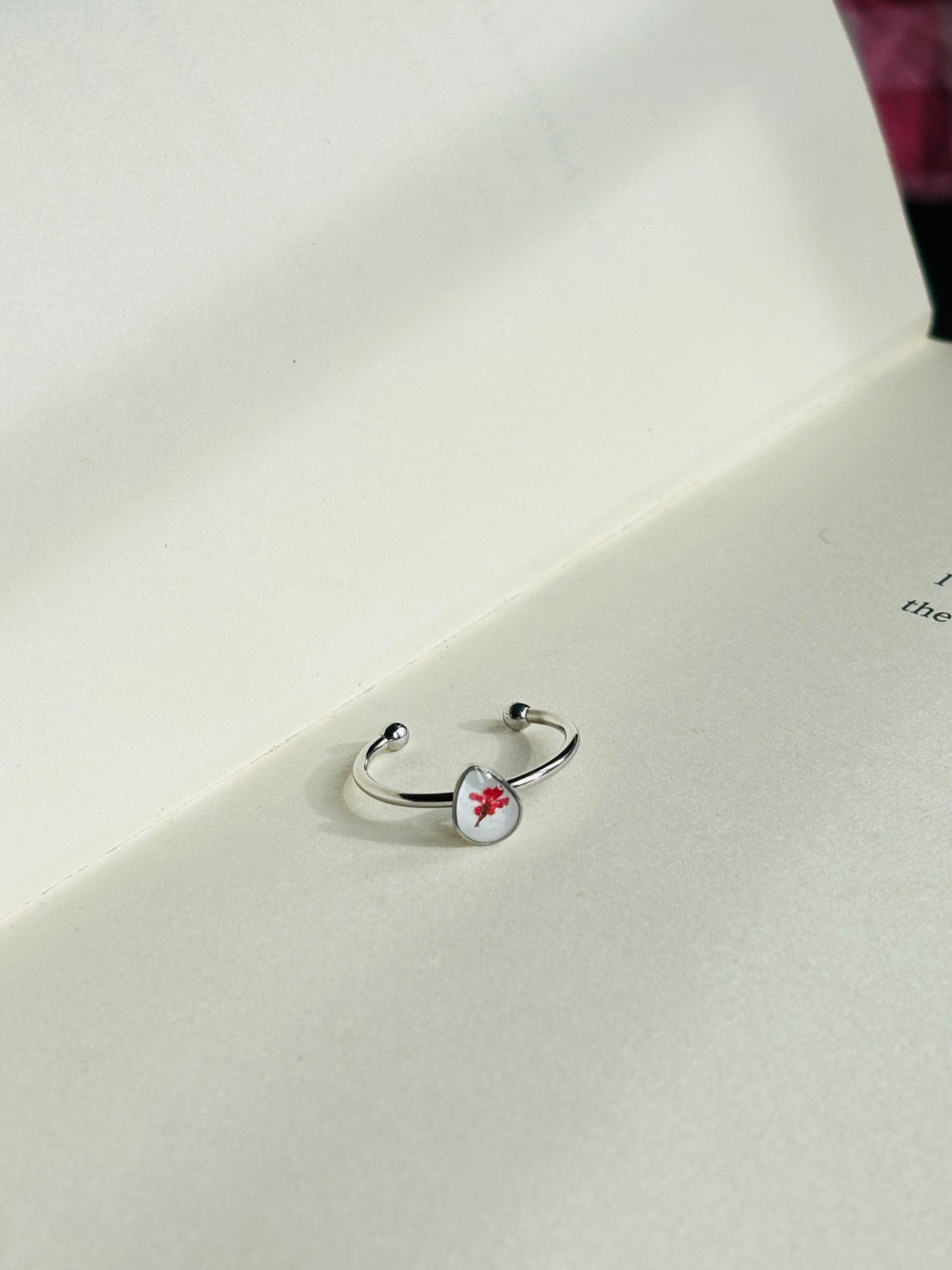 Real Red flower Drop Shape Minimal Ring
