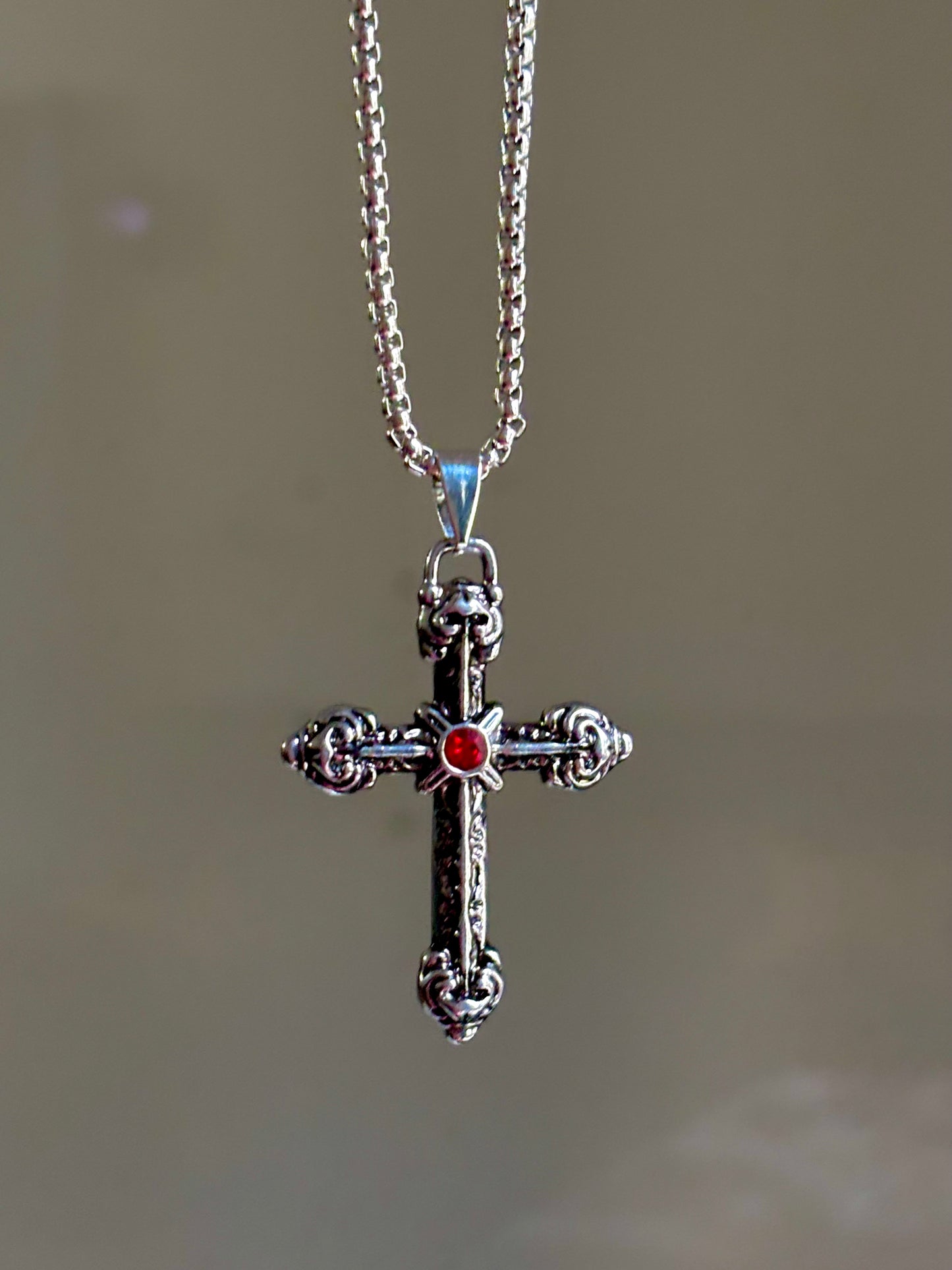 Stainless Steel Cross with Red stone