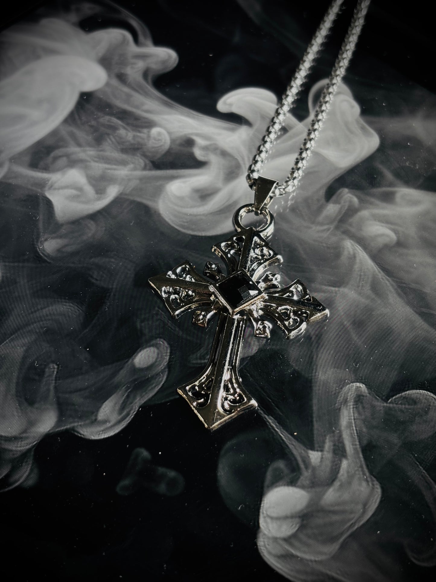 Stainless Steel Cross Pendant with Black Stone