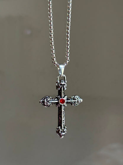 Stainless Steel Cross with Red stone