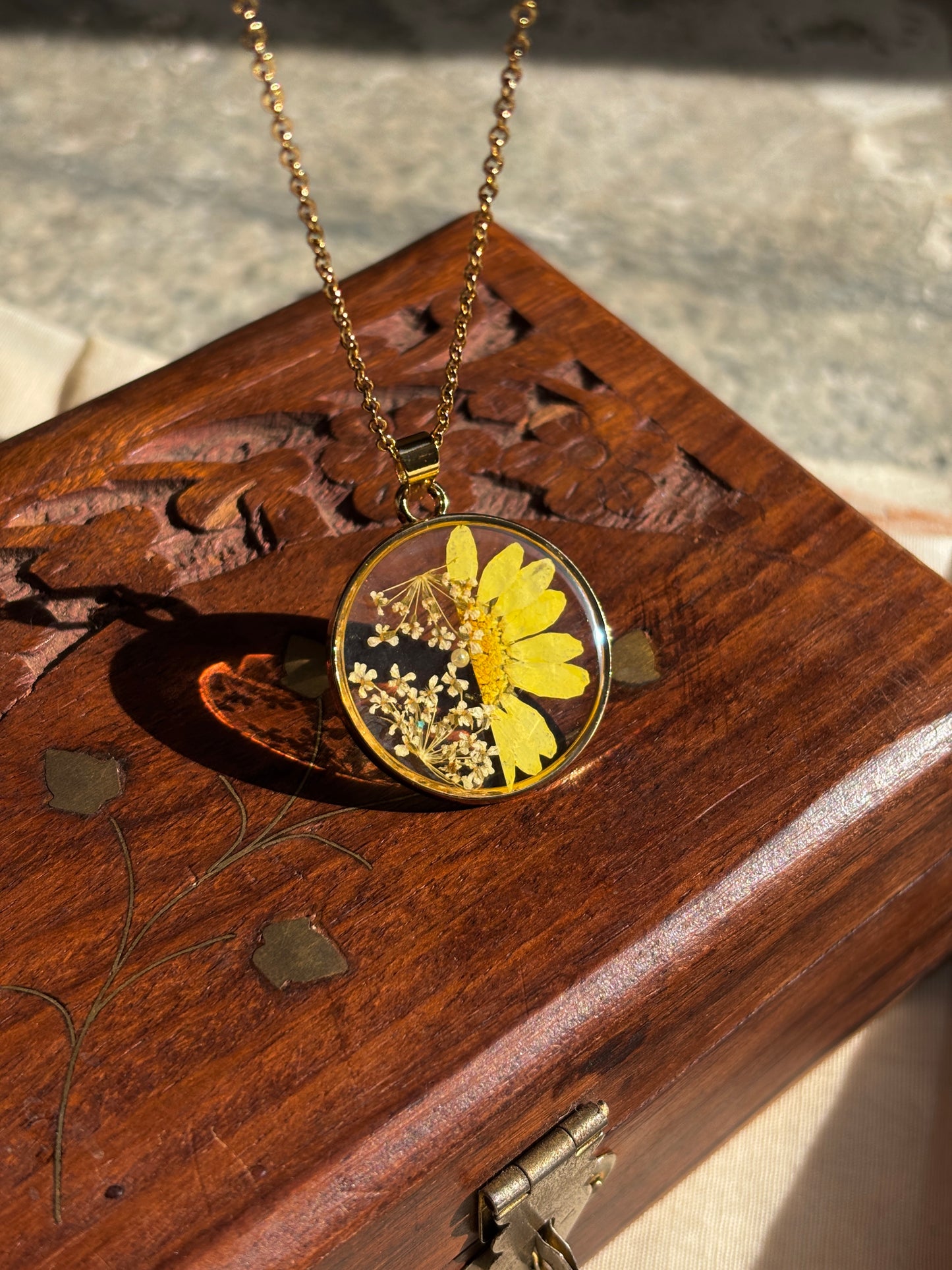 Golden Daisy Real Flower Pendant