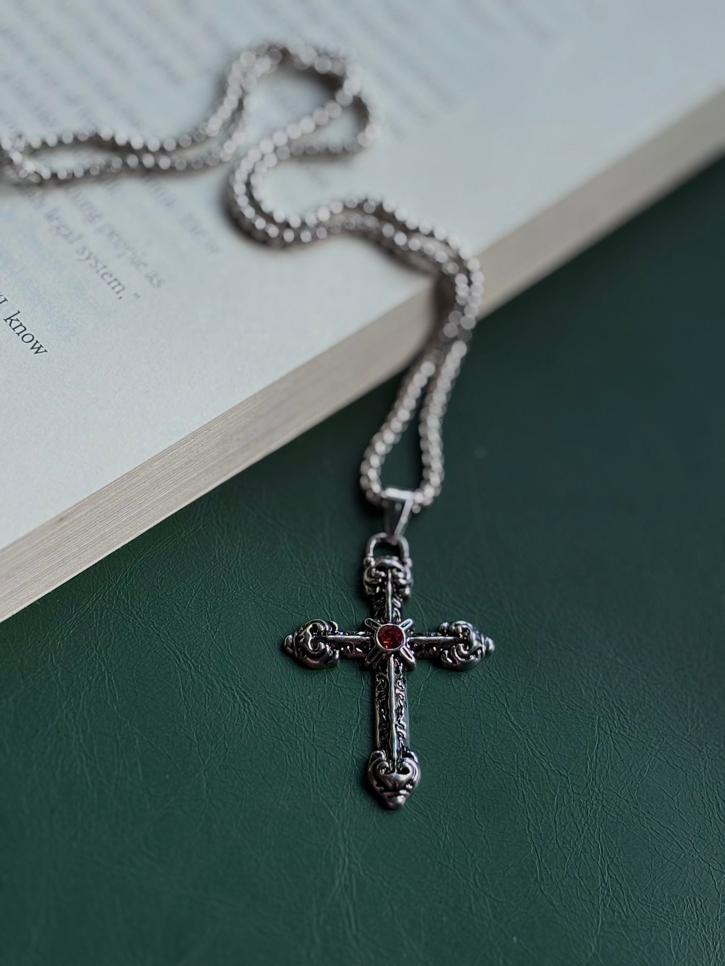 Stainless Steel Cross with Red stone