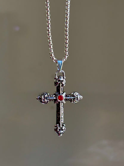 Stainless Steel Cross with Red stone