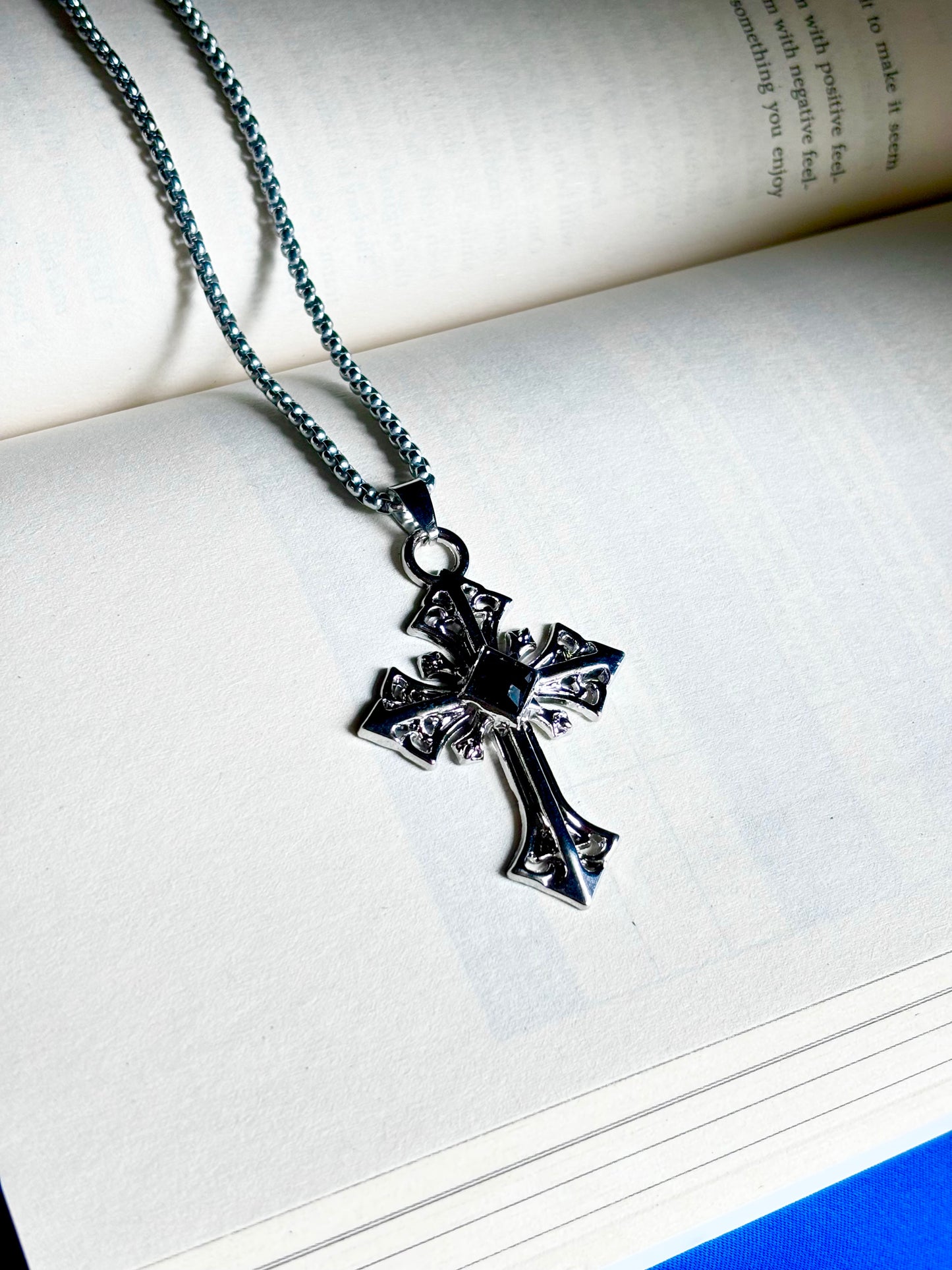 Stainless Steel Cross Pendant with Black Stone